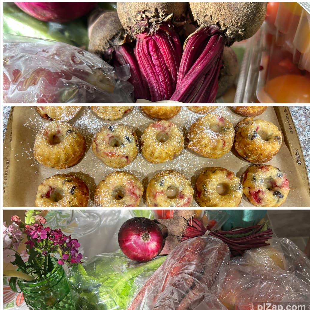 A collage featuring beets and apples, freshly baked mini doughnuts, and assorted vegetables with flowers.