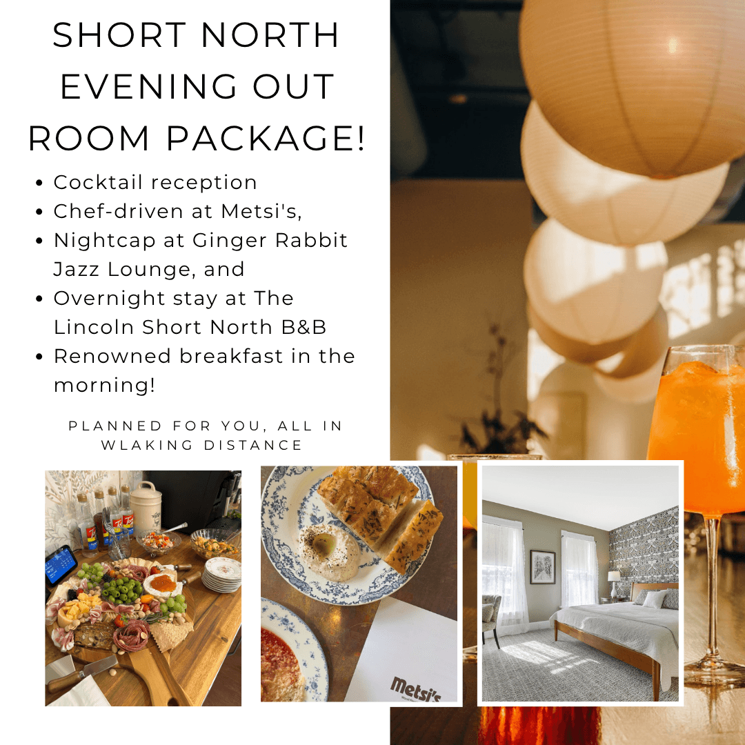 Promotional image for a Short North Evening Out room package featuring dining and overnight stay details.