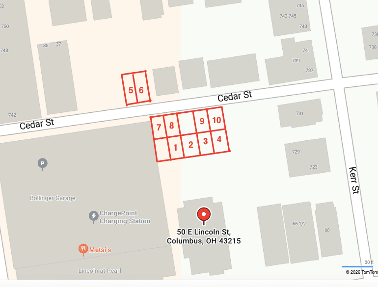 Map showing a section of Columbus, Ohio, with labeled blocks and streets including Cedar St and Kerr St.