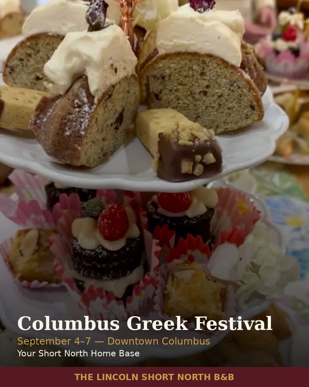 A display of assorted Greek pastries at the Columbus Greek Festival, featuring cakes, chocolates, and sweet treats.